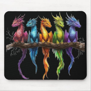 Regenboog groep baby draken op zwart muismat