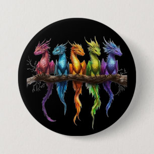 Regenboog groep baby draken op zwart ronde button 7,6 cm