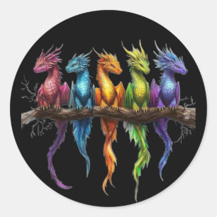 Regenboog groep baby draken op zwart ronde sticker