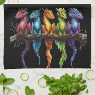 Regenboog groep baby draken op zwart theedoek