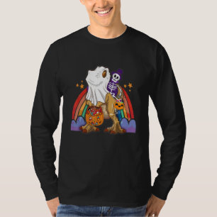 Regenboog Halloween Skelet rijdt op Dinosaurus Rex T-shirt