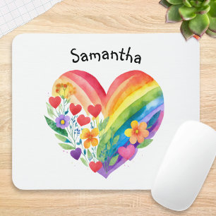 Regenboog Hart Bloemen Waterverf Aangepaste Naam Muismat