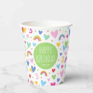 Regenboog harten 3e verjaardag Party Groen Custom Papieren Bekers