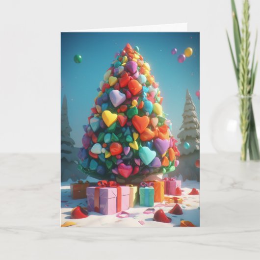 Regenboog Harten op de Kerstboom Kaart (Voorkant)
