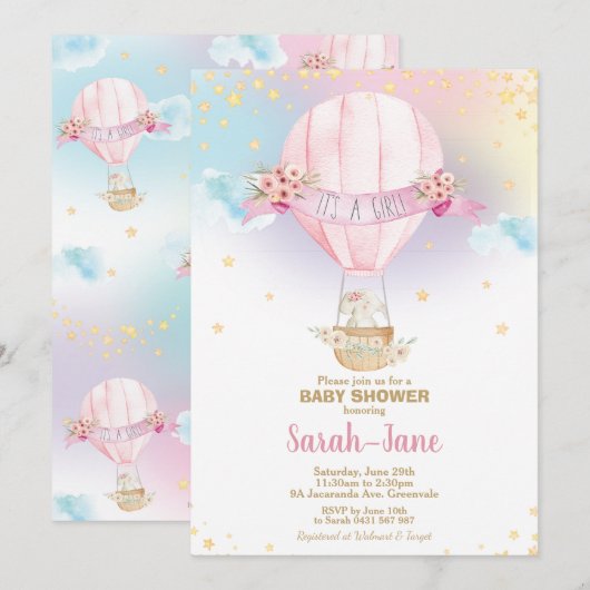 Regenboog Hete Luchtballon Baby Meisje Douche Olif Kaart (Voorkant / Achterkant)