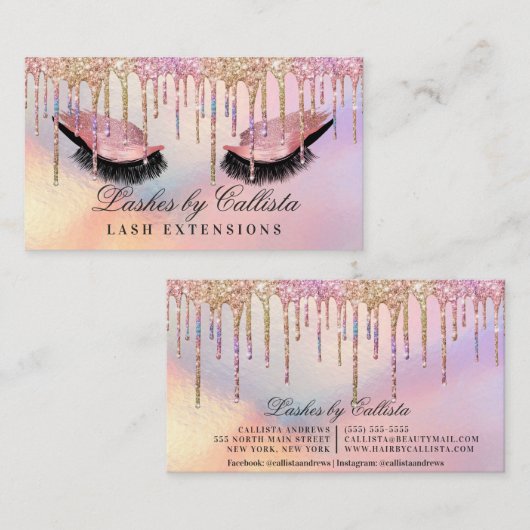 Regenboog holografische glitter druppels wimpers o visitekaartje (Voorkant / Achterkant)