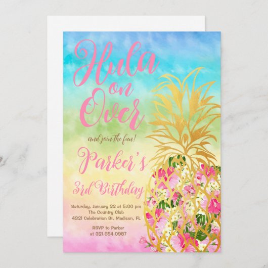Regenboog Hula over, Luau, Ananas Verjaardag Kaart (Voorkant / Achterkant)