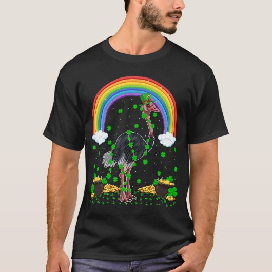 Regenboog Ierse Shamrock Struisvogel Vogel St. Pat T-shirt (Voorkant)