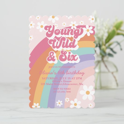 Regenboog Jong Wild en Zes 6e Verjaardag Uitnodigi Kaart (Staand voorkant)