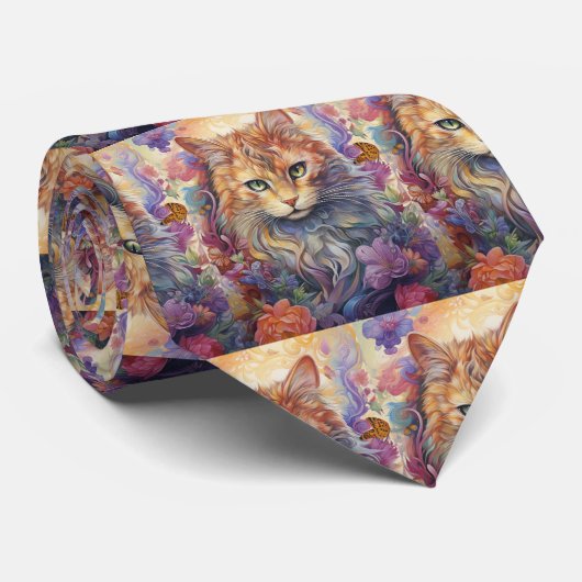 Regenboog Kat Bloemen Vlinder Boho Stropdas (Opgerold)