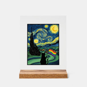 Regenboog Kat Nacht Landschap Vector T-shirt Ontwe Acryl Bord