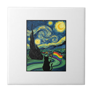Regenboog Kat Nacht Landschap Vector T-shirt Ontwe Tegeltje