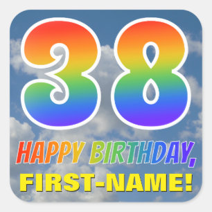 Regenboog Kijk "38" & "HAPPY BIRTHDAY", Clouds, Sk Vierkante Sticker
