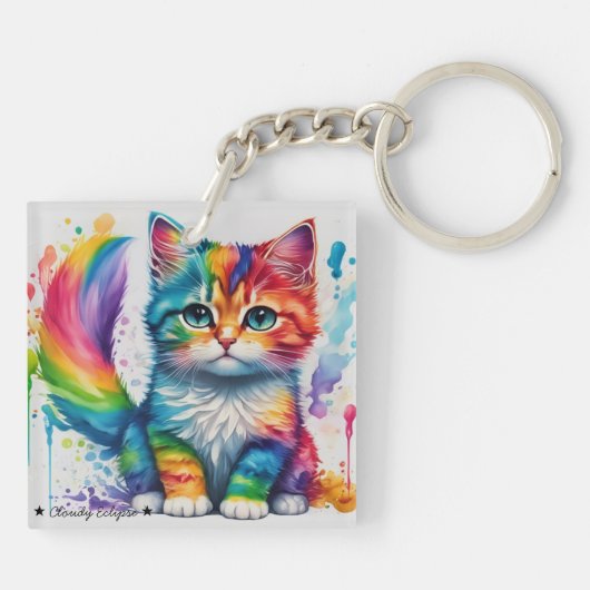 Regenboog Kitten Schilder Acrylsleutelhanger Sleutelhanger (Achterkant)