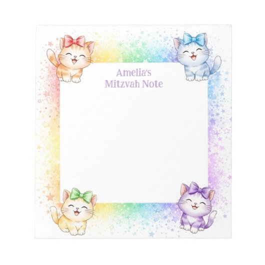 Regenboog Kittens gepersonaliseerde Mitswa Notes N Notitieblok (Voorkant)