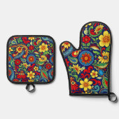 Regenboog Kleuren Bloem Paisley Ontwerp Ovenwant & Pannenlap Set (Voorkant)
