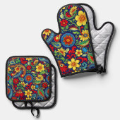 Regenboog Kleuren Bloem Paisley Ontwerp Ovenwant & Pannenlap Set (Voorkant / Achterkant)