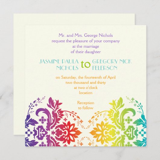 Regenboog kleuren damask bruiloft kaart (Voorkant / Achterkant)