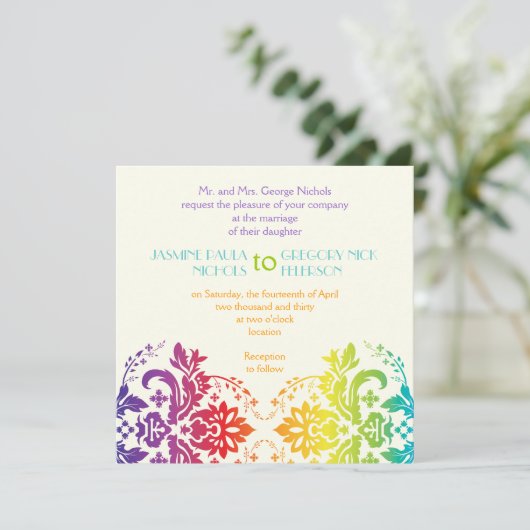 Regenboog kleuren damask bruiloft kaart (Staand voorkant)