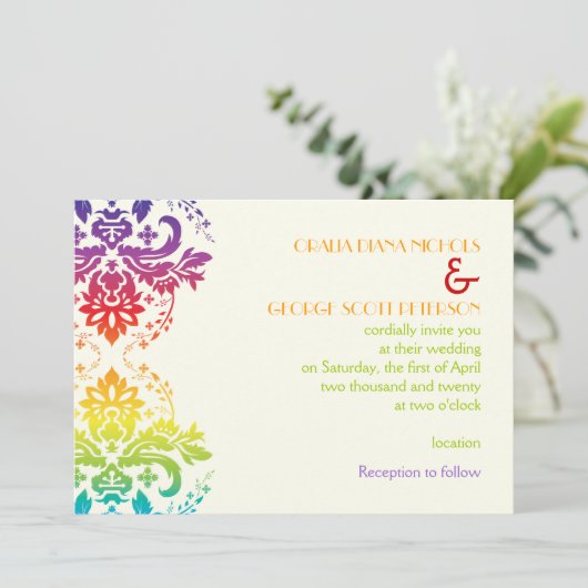 Regenboog kleuren damask bruiloft kaart (Staand voorkant)
