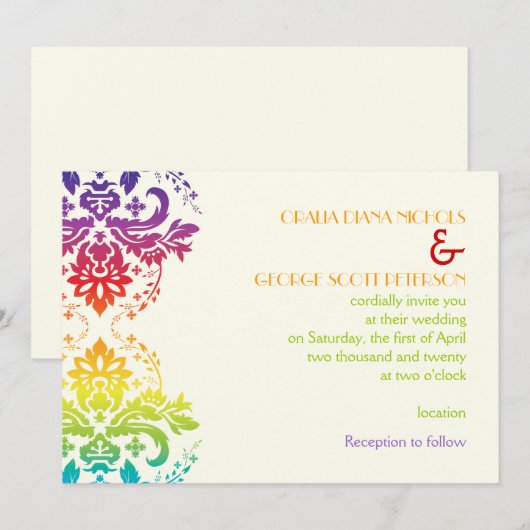 Regenboog kleuren damask bruiloft kaart (Voorkant / Achterkant)
