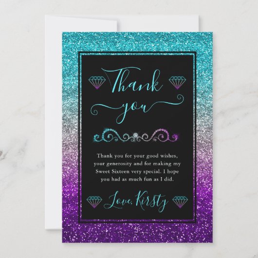 Regenboog Kleuren Gradiënt Glitter Sweet 16 Bedankkaart (Voorkant)