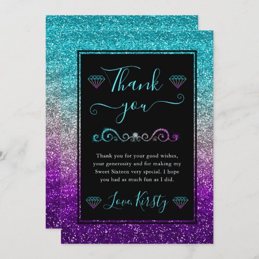 Regenboog Kleuren Gradiënt Glitter Sweet 16 Bedankkaart (Voorkant / Achterkant)