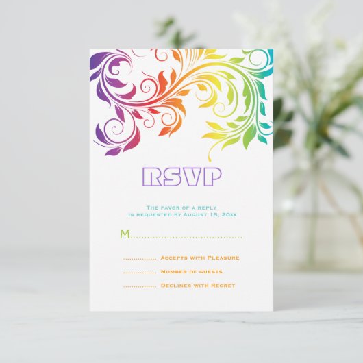 Regenboog kleuren kleurrijke scroll leaf bruiloft  RSVP kaartje (Staand voorkant)