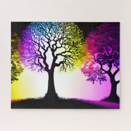 Regenboog kleuren rond zwarte silhouet bomen legpuzzel