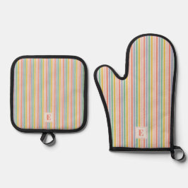 Regenboog Kleuren Strepen met Initiaal Ovenwant & Pannenlap Set