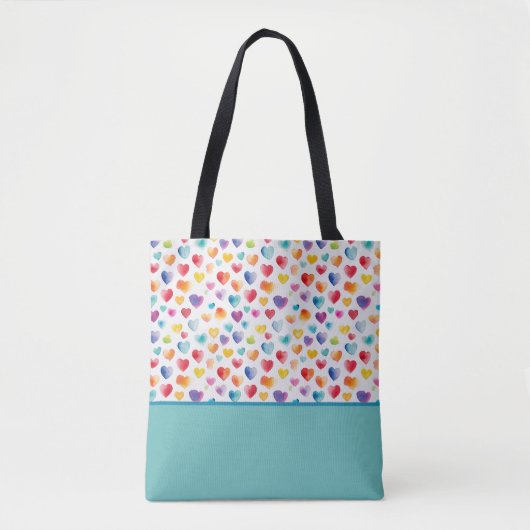 Regenboog Kleuren Waterverf Stijl Harten Kleurblok Tote Bag (Voorkant)