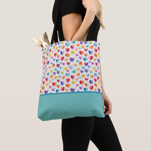 Regenboog Kleuren Waterverf Stijl Harten Kleurblok Tote Bag (Dichtbij)