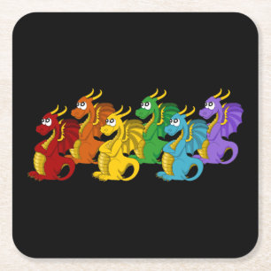 Regenboog kleurrijke draken cartoon kartonnen onderzetters