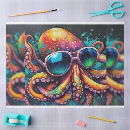 Regenboog Kleurrijke Octopus met Zonnebril Decoupa Tissuepapier (Craft)
