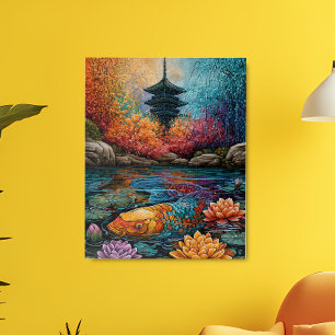 Regenboog Koi Vis Japanse Pagode Tuin Perfect Poster