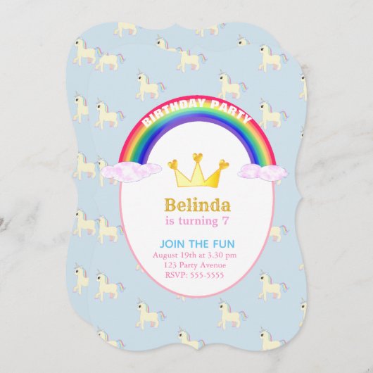 Regenboog, Kroon & Eenhoorns Verjaardagsfeest Kaart (Voorkant / Achterkant)