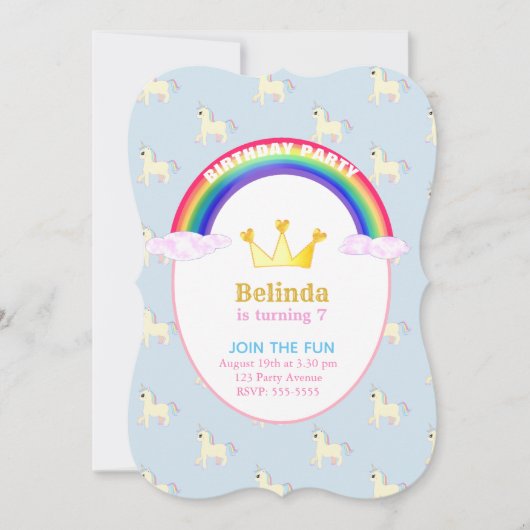 Regenboog, Kroon & Eenhoorns Verjaardagsfeest Kaart (Voorkant)