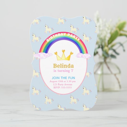 Regenboog, Kroon & Eenhoorns Verjaardagsfeest Kaart (Staand voorkant)