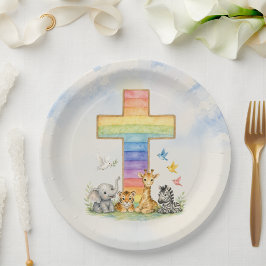 Regenboog Kruis Baby Dieren Aquarel Feestborden Papieren Bordje