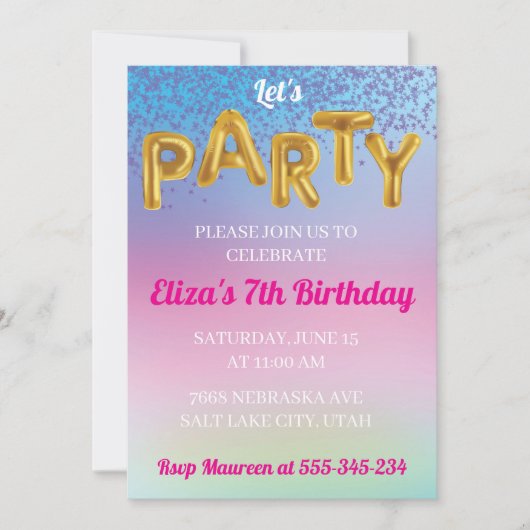 Regenboog Laten we feestelijk gouden ballon uitnod Kaart (Voorkant)