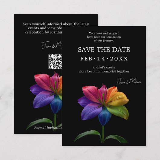 🌈 Regenboog Lelie Save the Date — QR Update (Voorkant / Achterkant)