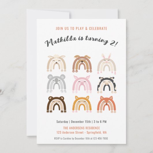 Regenboog Leuke Dieren Kids Verjaardagsfeest Kaart (Voorkant)