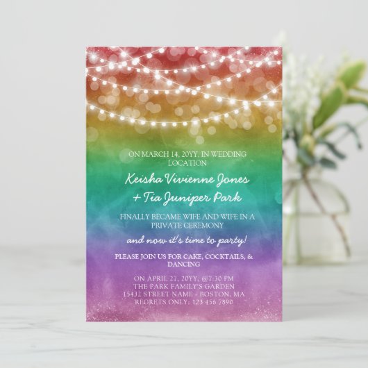 Regenboog & Lichtjes Feest na Elopement Viering Aankondiging (Staand voorkant)