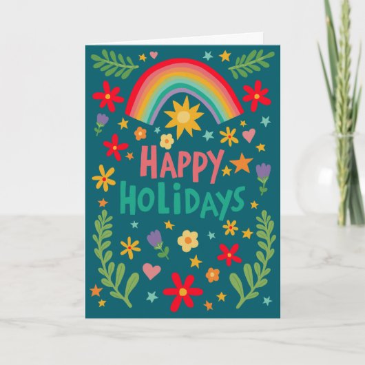 Regenboog Lief Bloemig Handgetekend Kleurrijk Aang Feestdagen Kaart (Voorkant)