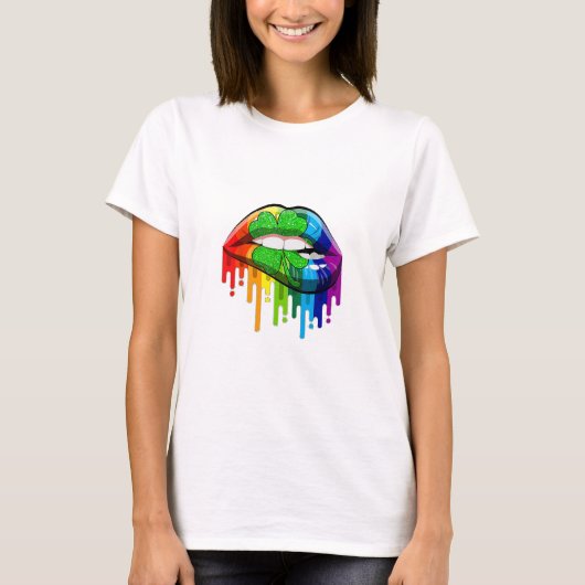 Regenboog Lippen w / 4 blad klaver T-shirt (Voorkant)