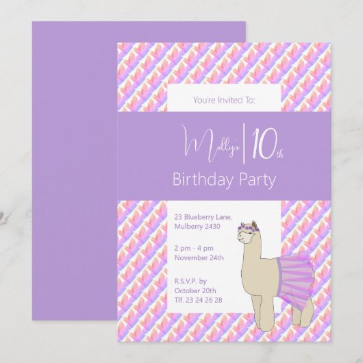 Regenboog Llama Paarse Meisjes 10e Verjaardag Kaart (Voorkant / Achterkant)