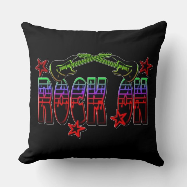 Regenboog Logo Rock On Gitaren & Sterren Worp Kuss Kussen (Voorkant)