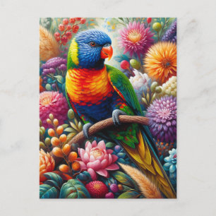 Regenboog Loriket Parrot met kleurrijke bloemen Briefkaart