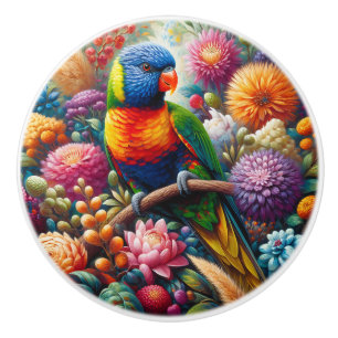 Regenboog Loriket Parrot met kleurrijke bloemen Keramische Knop