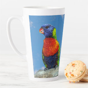 Regenboog lorikets twee neergestreken op een tak latte mok